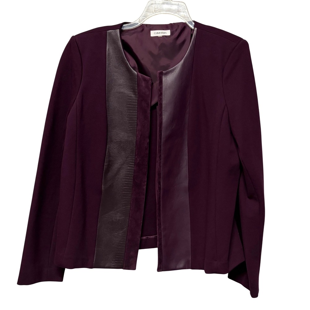 Calvin Klein Womens Purple Faux Leather Trim Open Front Blazer Jacket Sz 12